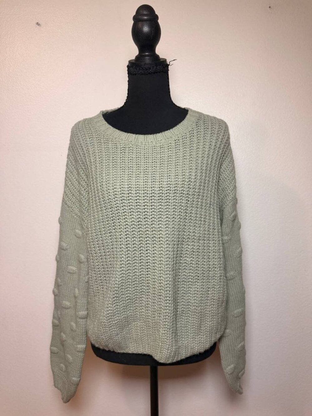Moon & Madison Sage Green Chunky Knit Sweater Bobble Sleeve Cottagecore Cozy L